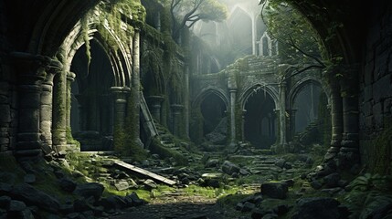 Generative AI, Old green ruins of historical building overgrown by moss and grass