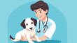 © Dirk - Vector illustration, hand drawn, stockphoto, copy space, Veterinary examining a puppy. Healthcare illustration. Veterinary cabinet. Veterinary holding a cute puppy for examination.