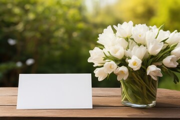 Wall Mural - Blank white postcard on a wooden table with a bouquet of flowers