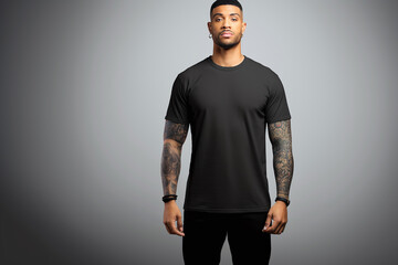 Black t-shirt mockup on a tattooed black man