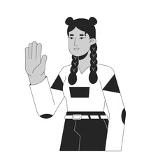 Stylish hispanic girl hello wave black and white 2D line cartoon character. Positive greeting teenager latina isolated vector outline person. Stop hand. Saying hi monochromatic flat spot illustration