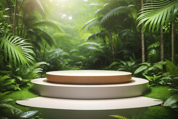 Modern podium with green nature background.