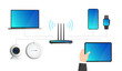 © Apisit - Smart devices, Gadgets and Technology, Modern laptop, Computer, Notebook, Smartphone, Tablet, Voice assistance, Security camera, Smart watch, Wi-Fi router, Mock-up front view for website presentation.