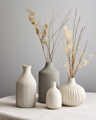 Dried flowers in white ceramic vases. Minimalistic interior decoration concept