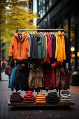 Wall Mural - Clothing store's outdoor display featuring racks of clothing, Generative AI