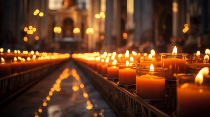 Wall Mural - Glowing Votive Candles Illuminate a Cathedral on All Saints Day