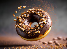 Donut Chocolate In Air Covered With Small Pieces Of Peanuts