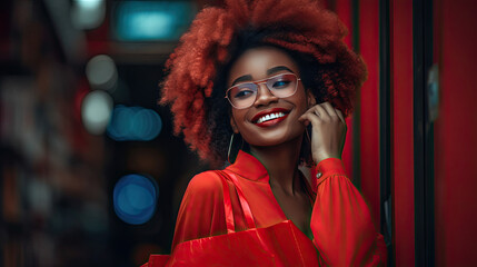 Canvas Print - Energetic lady with red shopping bag