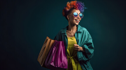 Canvas Print - Joyful lady with green shopping bag