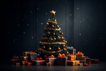 Wall Mural - Festive Christmas Tree and Sparkling Gifts Background for Promotions