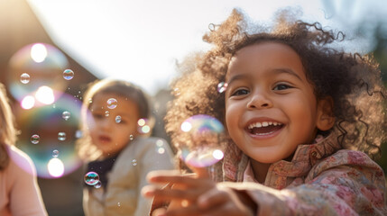 Wall Mural - Group of diverse kids with bubbles. Exciting outdoor weekend fun activity