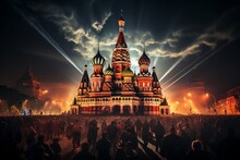 Historic Red Square In Moscow During A Cultural Event Or Festival, Generative AI