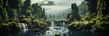 Generative AI, Beautiful Green Amazon Forest Landscape, Rainforest Jungle With Waterfalls