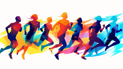Wall Mural - Female and male athlete runners doing a training exercise for a sports race event by jogging and running shown in a contemporary athletic abstract design, Generative AI stock illustration image