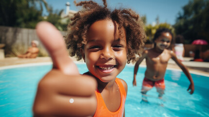 Wall Mural - Group of diverse kids in swimming pool. Safe holiday fun activity