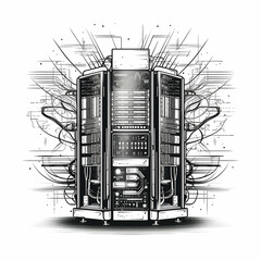 Poster - A line art drawing of a computer server rack with AI logos, symbolizing AI-powered data processing and storage.
