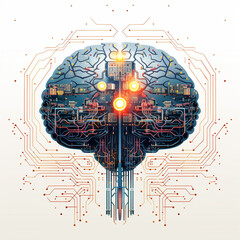 Poster - A illustration of a stylized human brain merged with circuitry, symbolizing the synergy of AI and human intelligence.