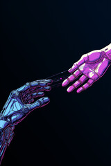 Poster - A robot hand extending towards a human hand, illustrating collaboration between AI and humans.