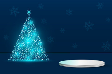Wall Mural - Christmas tree with podium for product display or presentation. Christmas and New Year sale concept. Vector illustration.