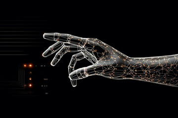 Poster - A line art illustration of a robot hand touching a digital interface, representing AI's interaction with digital systems.