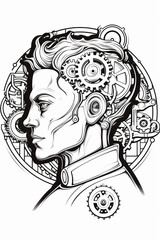 Poster - A line art icon of a robot with gears inside its head, symbolizing the computational nature of AI.