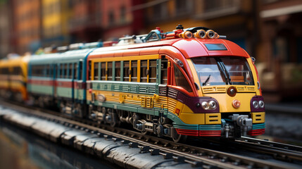 Poster - A magnetic toy train set, with colorful cars that can be easily connected and disconnected.  Generative AI technology.