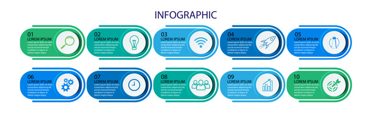 Business Infographic Template Design. Timeline with 10 marketing steps, options and icons. Vector linear infographic with ten connected elements. Can be used for presentations in your business.