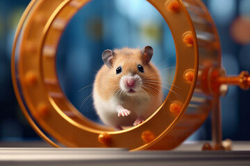 Wall Mural - A hamster running on a wheel in its cage, reflecting the popularity of small rodents as low-maintenance and interactive pets.  