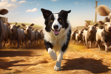 Fototapete - A well-trained border collie herding sheep on a farm, showcasing the intelligence and working abilities of herding breeds.  