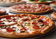 © DenisMArt - Close up of pepperoni and olive pizza with tasty selection of pizza on table background.Macro.AI Generative