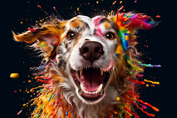 Fototapete -  An abstract surreal photograph of a Dog splashed in bright paint, symbolizing freshness and health.  