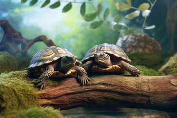Fototapete - A pair of turtles basking on a log in a terrarium, representing the calm and low-maintenance nature of keeping turtles as pets. 