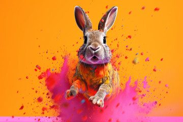 Wall Mural - An vibrant photograph of a Rabbit splashed in bright paint, contemporary colors and mood social background. 