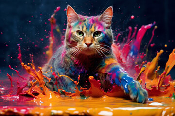 Wall Mural - An vibrant photograph of a Cat splashed in bright paint, contemporary colors and mood social background.  