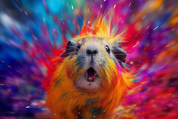 Wall Mural - An vibrant photograph of a Guinea pig splashed in bright paint, contemporary colors and mood social background.  