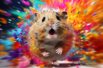 Fototapete - An vibrant photograph of a Hamster splashed in bright paint, contemporary colors and mood social background.  