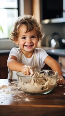 Wall Mural - Adorable child stirring cookie dough with a wooden spoon