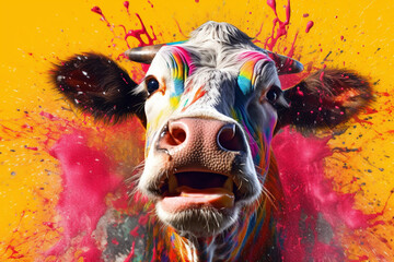 Fototapete - An vibrant photograph of a Cow splashed in bright paint, contemporary colors and mood social background. 