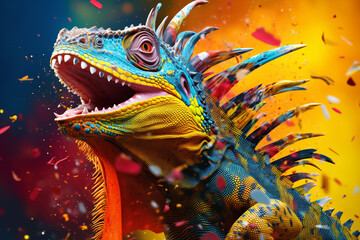Poster - An vibrant photograph of a Iguana splashed in bright paint, contemporary colors and mood social background.  