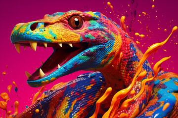 Aufkleber - An vibrant photograph of a Snake splashed in bright paint, contemporary colors and mood social background.  