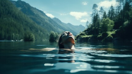 Peaceful image of a woman floating on her back in a tranquil lake