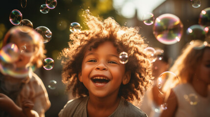 Wall Mural - Group of diverse kids with bubbles. Exciting outdoor weekend fun activity