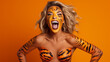 Mulher engraçada fitness bory com pintura de rosto de tigre em fundo laranja
