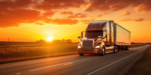 Wall Mural - Trailer truck. Trucking into sunset. Freight transport journey. Delivering goods. Highway of commerce. Freight under sun