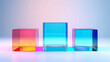 Abstract shapes of colored transparent glass cubes for product display mockup. Bright color mock up podium background