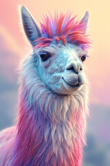 Wall Mural - A pastel-colored Llama with a majestic mane, rendered in soft hues of pink, purple, and blue, exuding a serene and regal presence. 