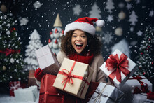 Happy Woman Wearing A Santa Hat And Holding Many Christmas Gifts, Winter Holiday Decor Background With Christmas Trees And Snow, Brunette Girl Shopping Concept