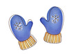 watercolor clipart warm knitted blue mittens with snowflake  with gentle stroke on transparent background. line art cute pair of winter accessories. cut out Christmas, new year holiday clothes