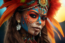 Halloween Make Up And Costume Woman With Red Hair And Colored Face Close Ups