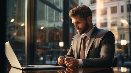 Businessman working with laptop at office. Businessman sitting at office desk working on laptop computer